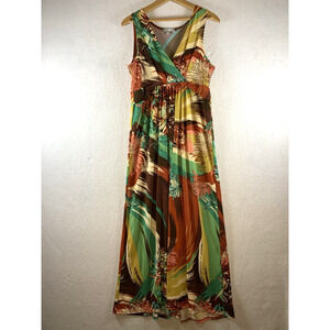 Womens Tropical Maxi Dress Sz L Coastal‎ Resort Beachy Travel Slinky Stretch